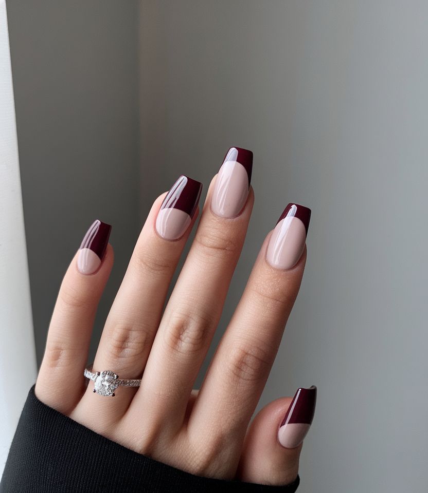 Burgundy French square nails, nude base with deep wine tips on a square
