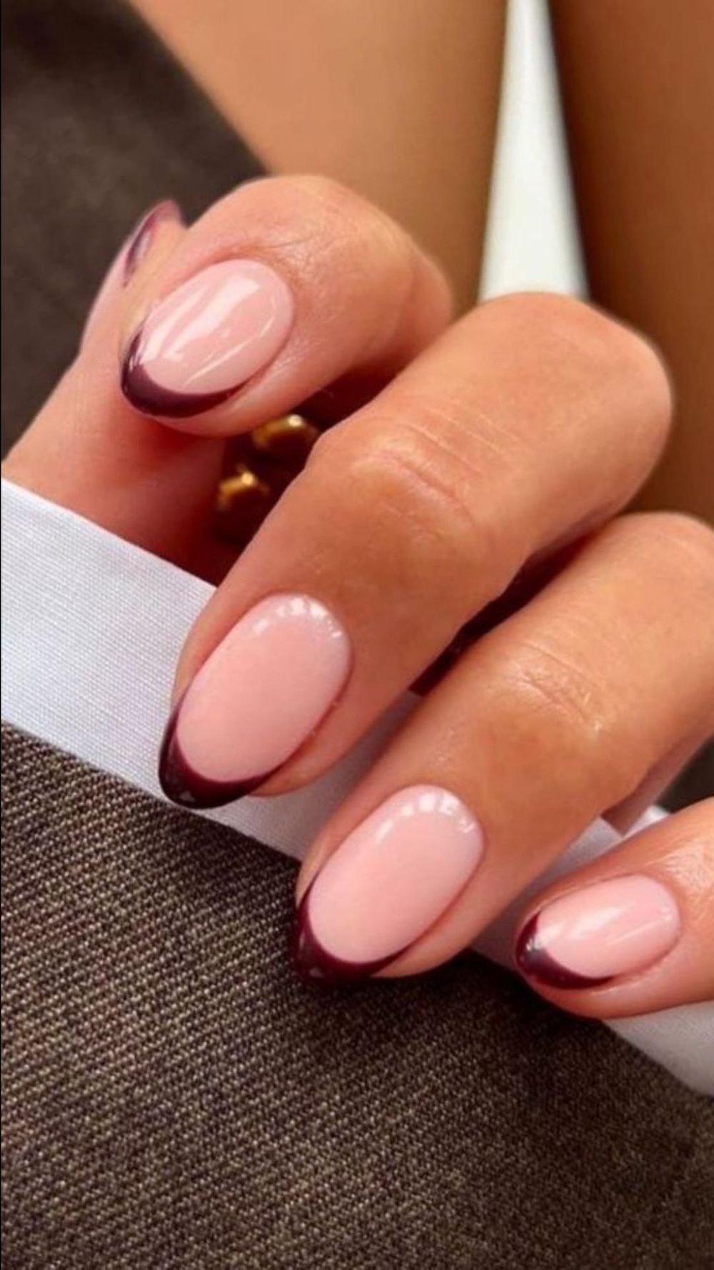 Burgundy micro French short oval nails, hair thin wine tips on short ovals