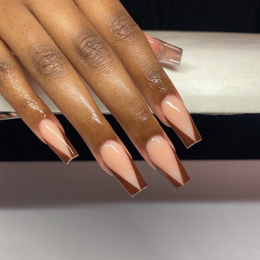 Chocolate French coffin nails on brown skin, rich brown tips at coffin length