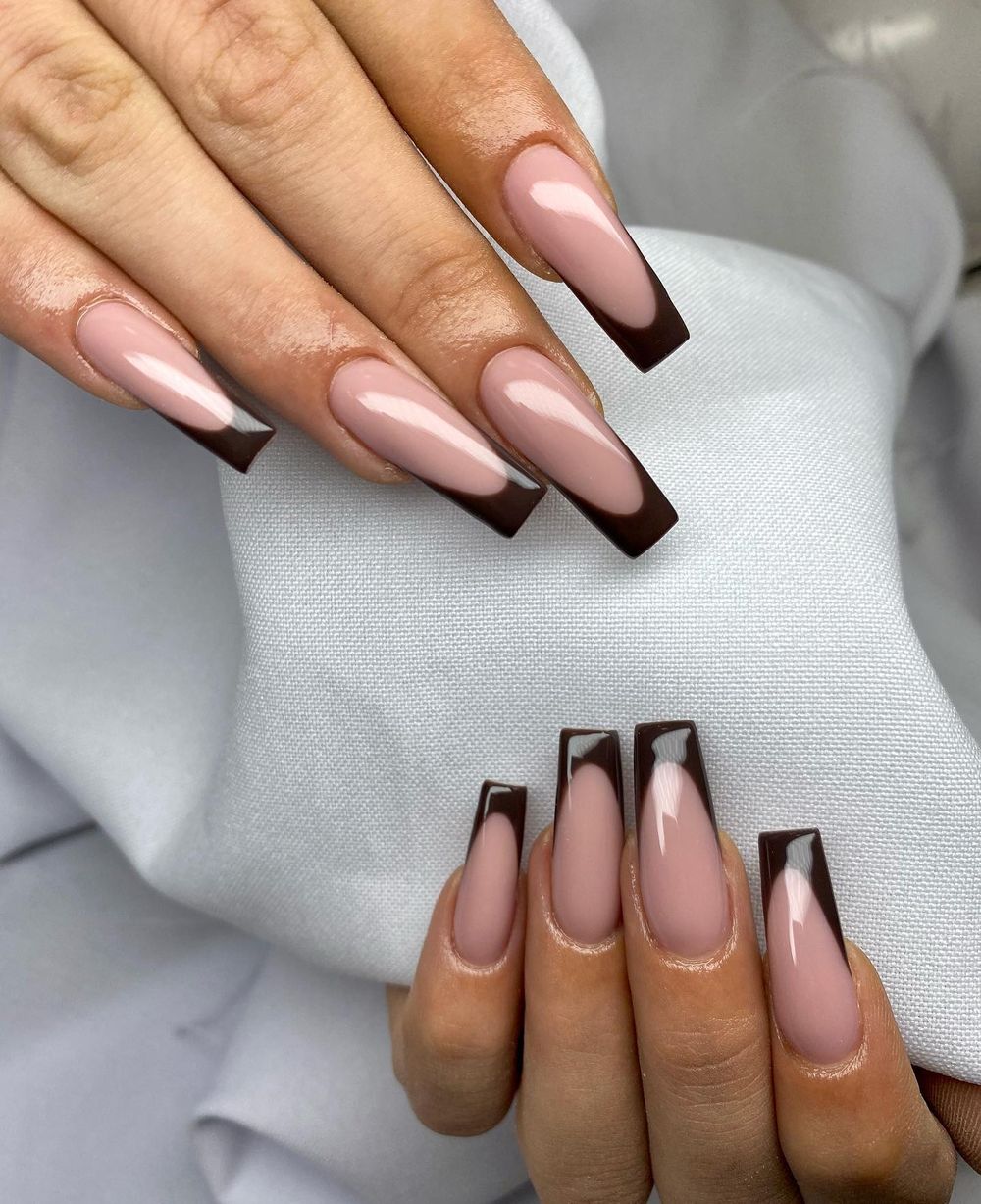 Chocolate French square and almond nails, brown tips shown on two shapes