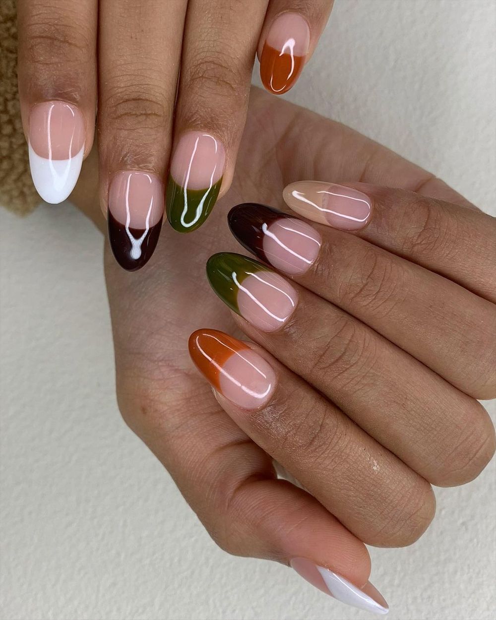 Multicolor French almond nails, pastel and fall tips mixed on one set