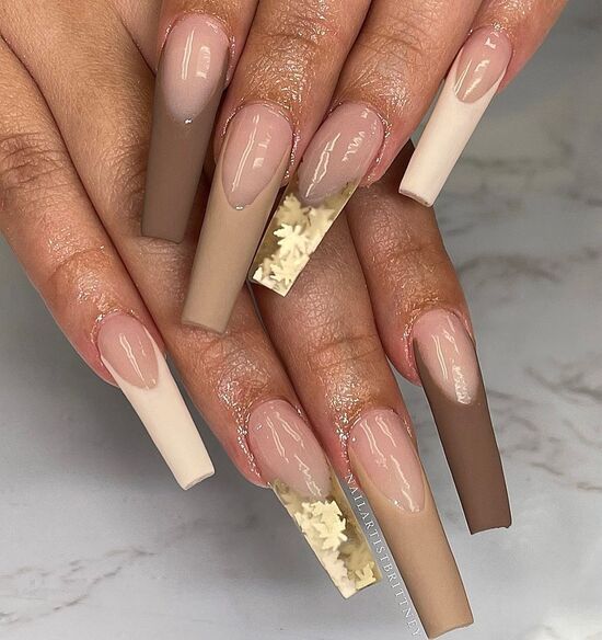 Nude brown ombre French coffin nails with gold foil, faded brown tips with gold flakes