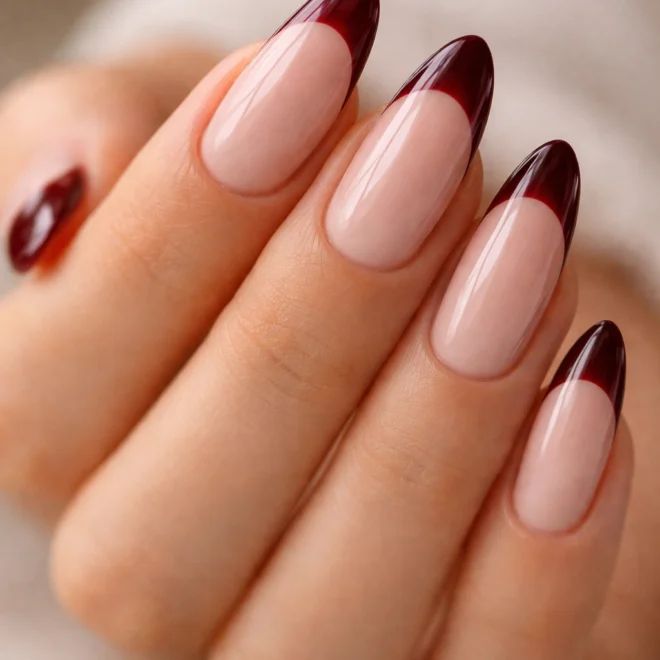Oxblood French almond nails, deep dark red tips on an almond