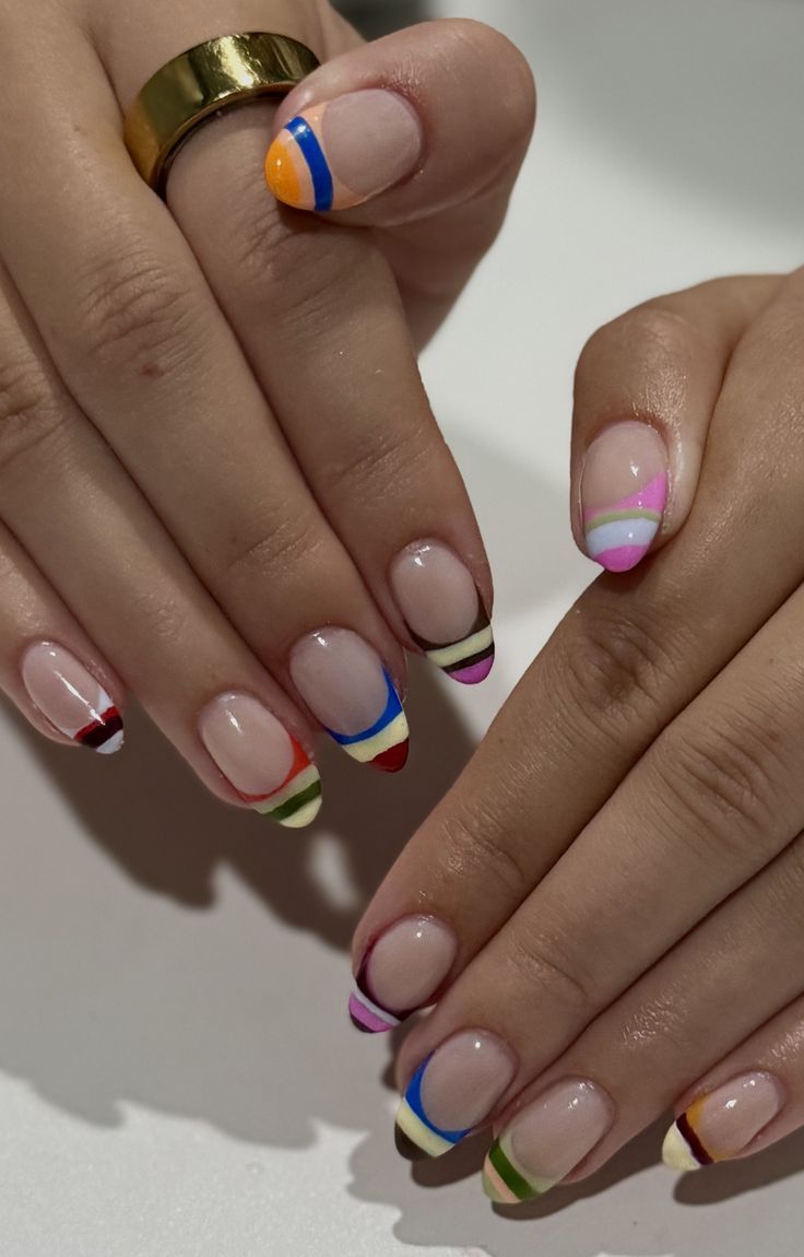 Rainbow micro French short nails on brown skin, hair thin tips in bright colors