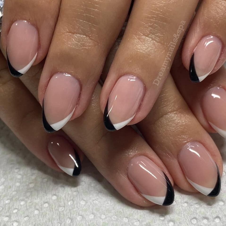White and brown French short oval nails, alternating white and chocolate tips