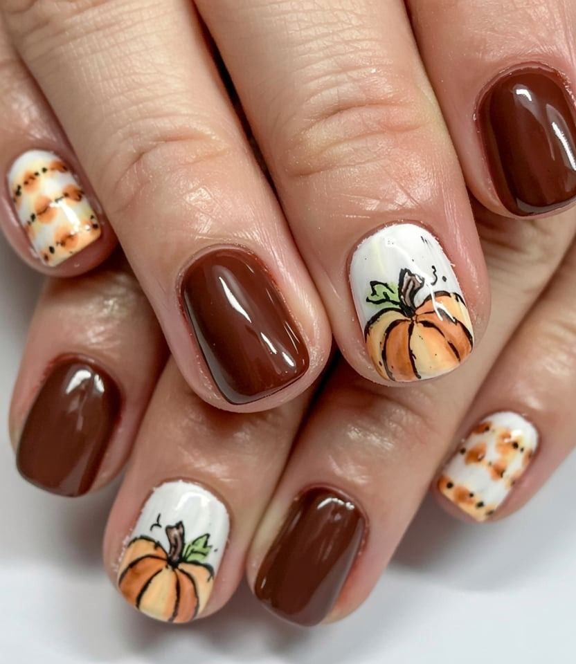 Chocolate short nails with pumpkin art, brown gel with hand painted pumpkins and plaid accents
