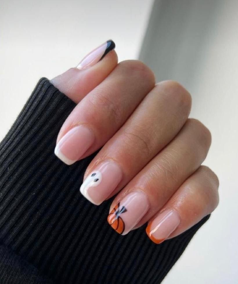 Ghost French short squoval nails, white French tips with tiny ghost faces