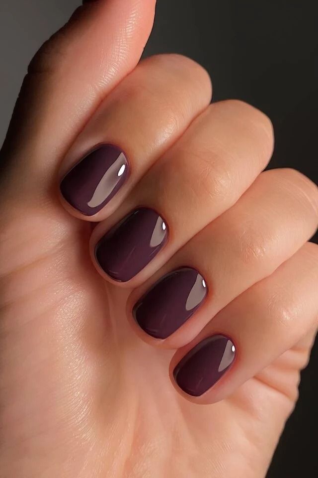 Glossy plum short squoval nails, rich purple brown short set