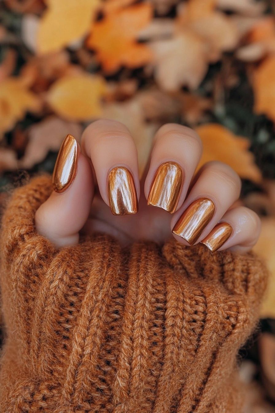 Gold chrome short nails in a rust knit, metallic gold short set with a rust sweater sleeve