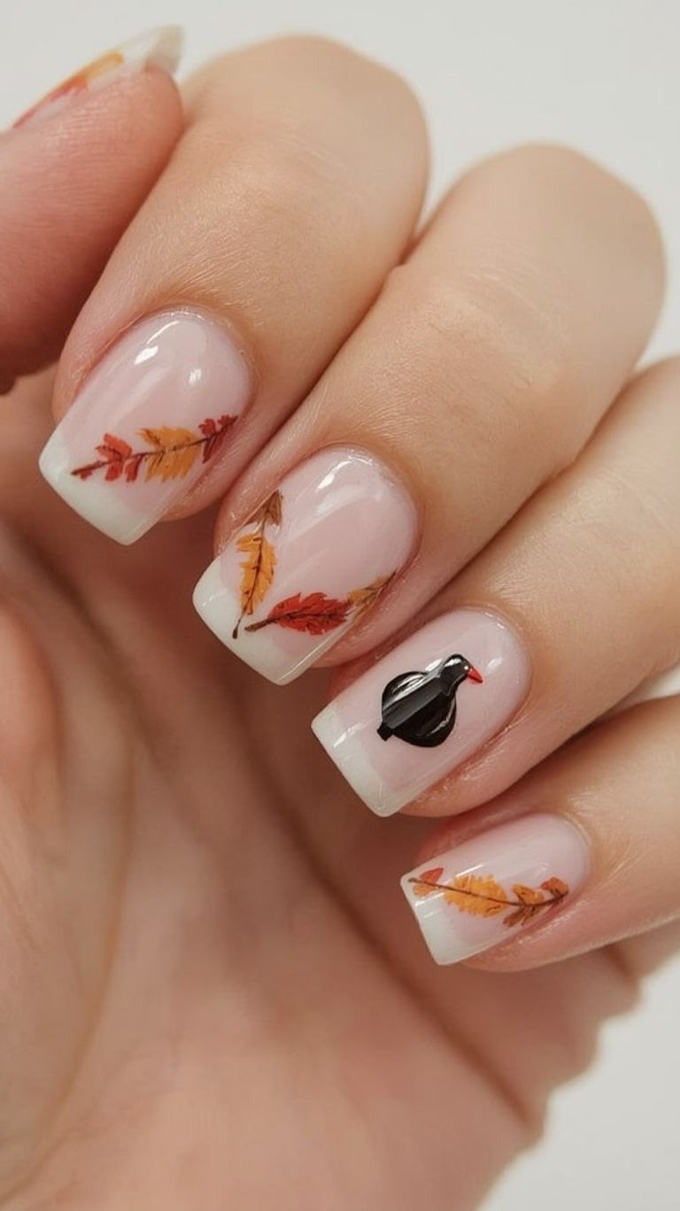 Leaf and acorn art short nails, nude base with hand painted leaves and acorns