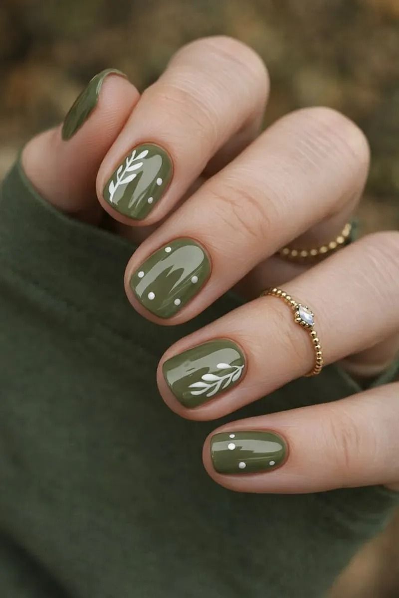 Olive short nails with leaf art, muted green gel with white leaf and dot details