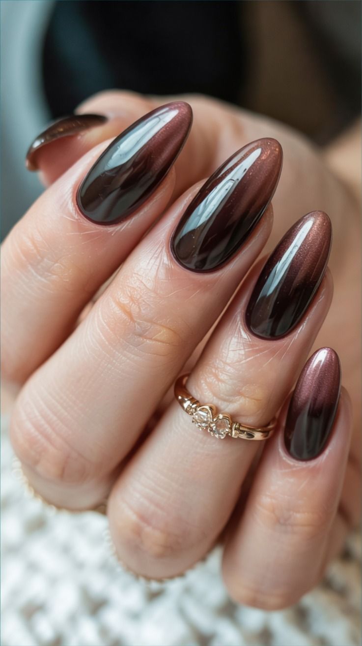 Black brown ombre almond nails, dark gradient almond set