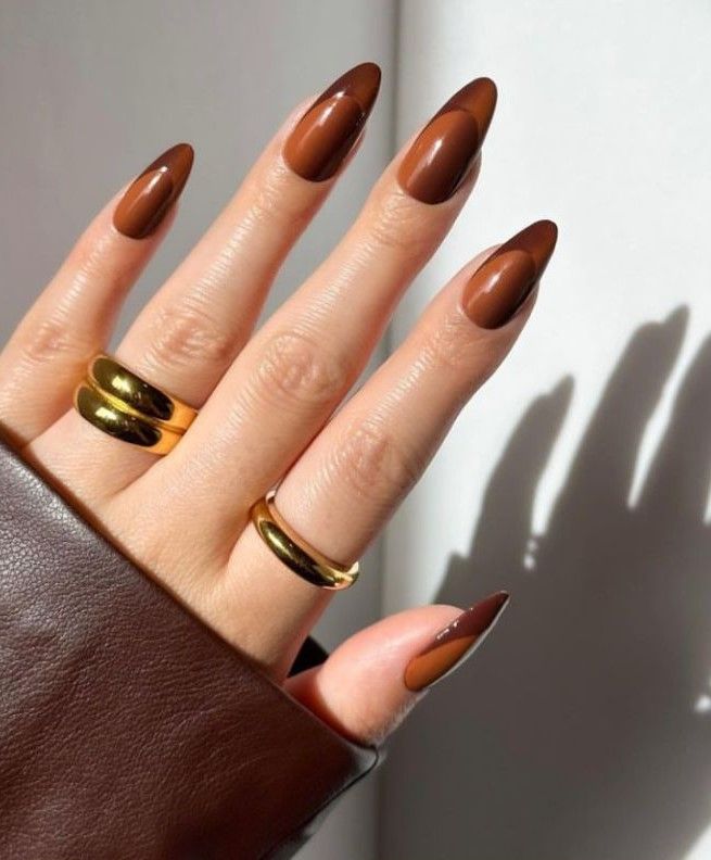 Caramel chocolate almond nails, warm two tone brown almond set