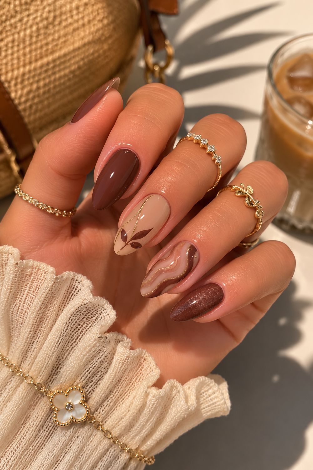 Chocolate and marble swirl almond nails, brown and cream marble almond set