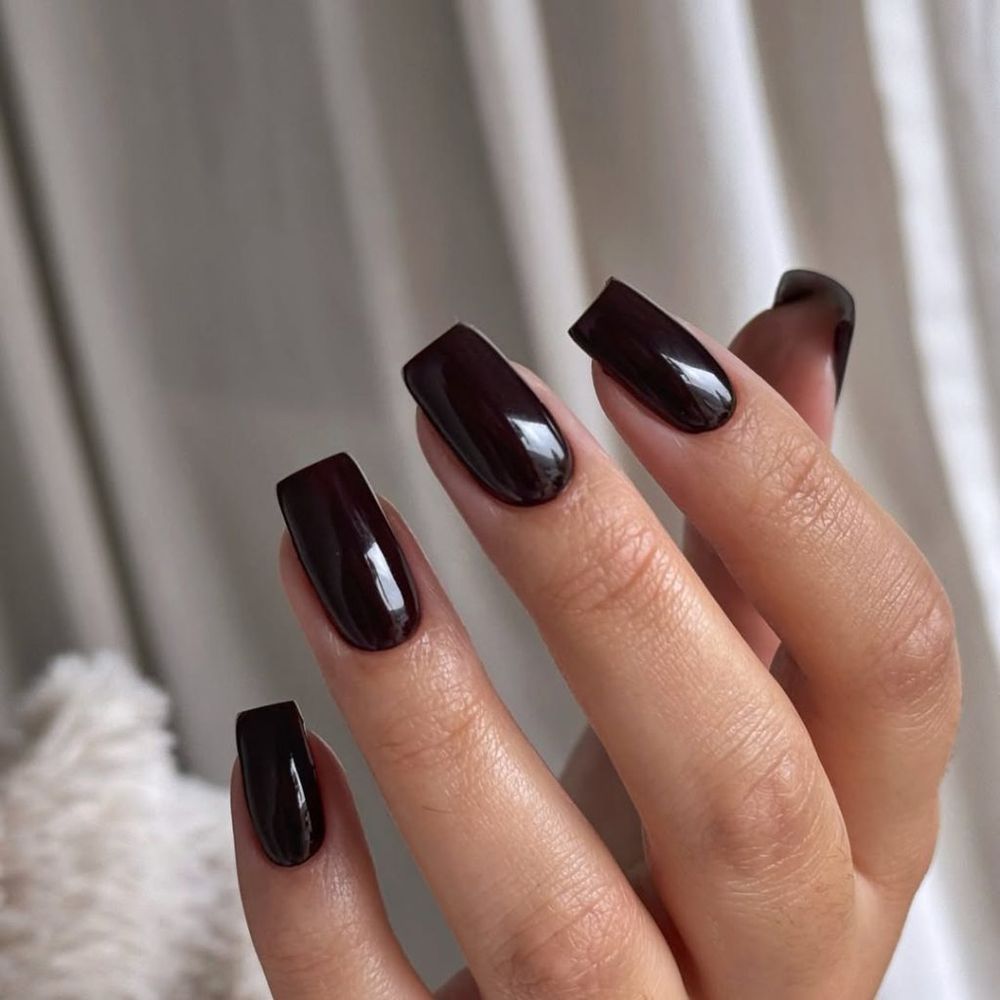 Espresso coffin nails, very dark brown glossy long set