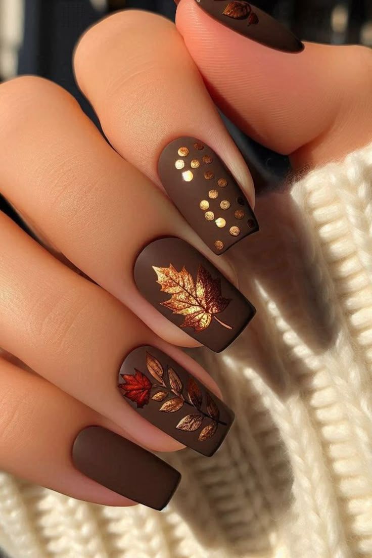Matte chocolate square nails with leaf art, brown matte set with gold leaf details