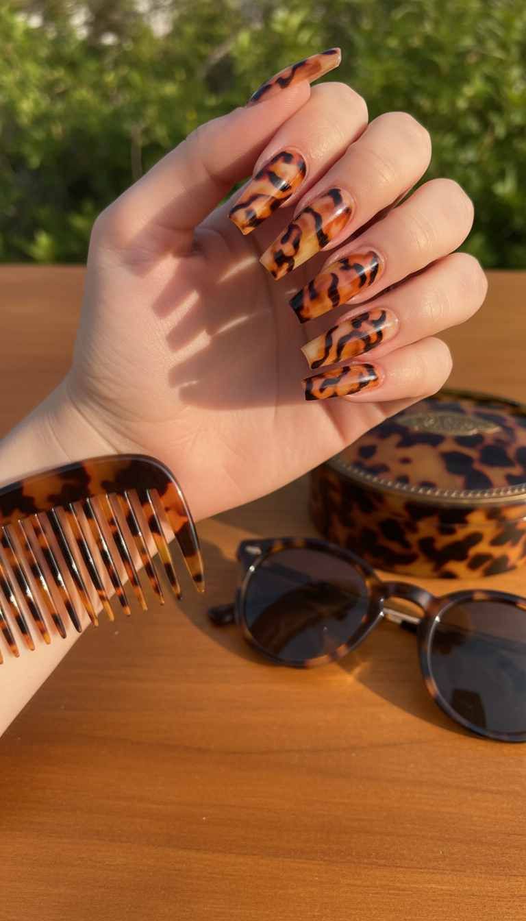 Tortoiseshell short nails with a tortoiseshell comb, amber marble short set with a matching comb