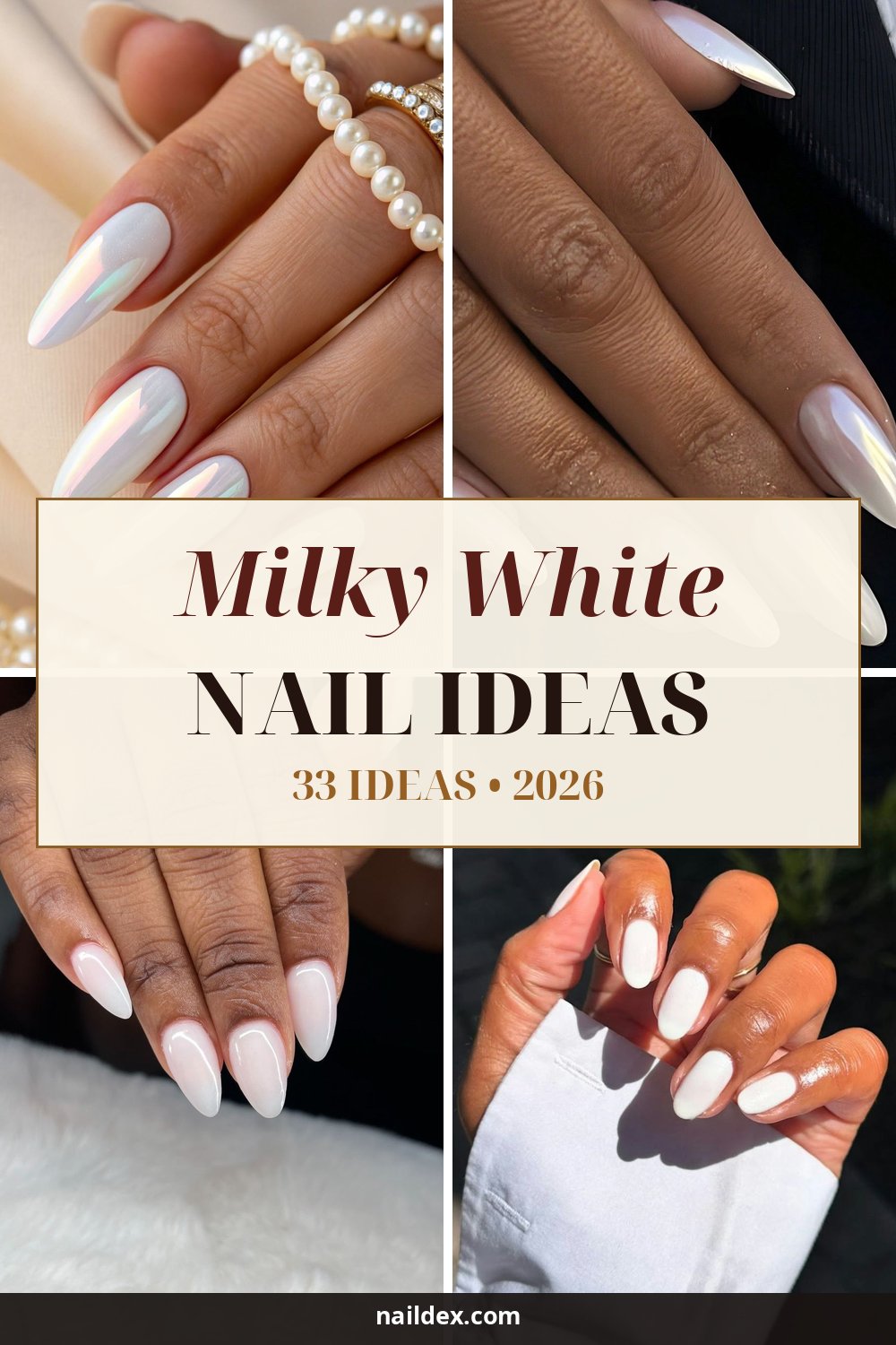 33 Milky White Chrome Almond Nail Ideas in 2026 pin image with featured designs